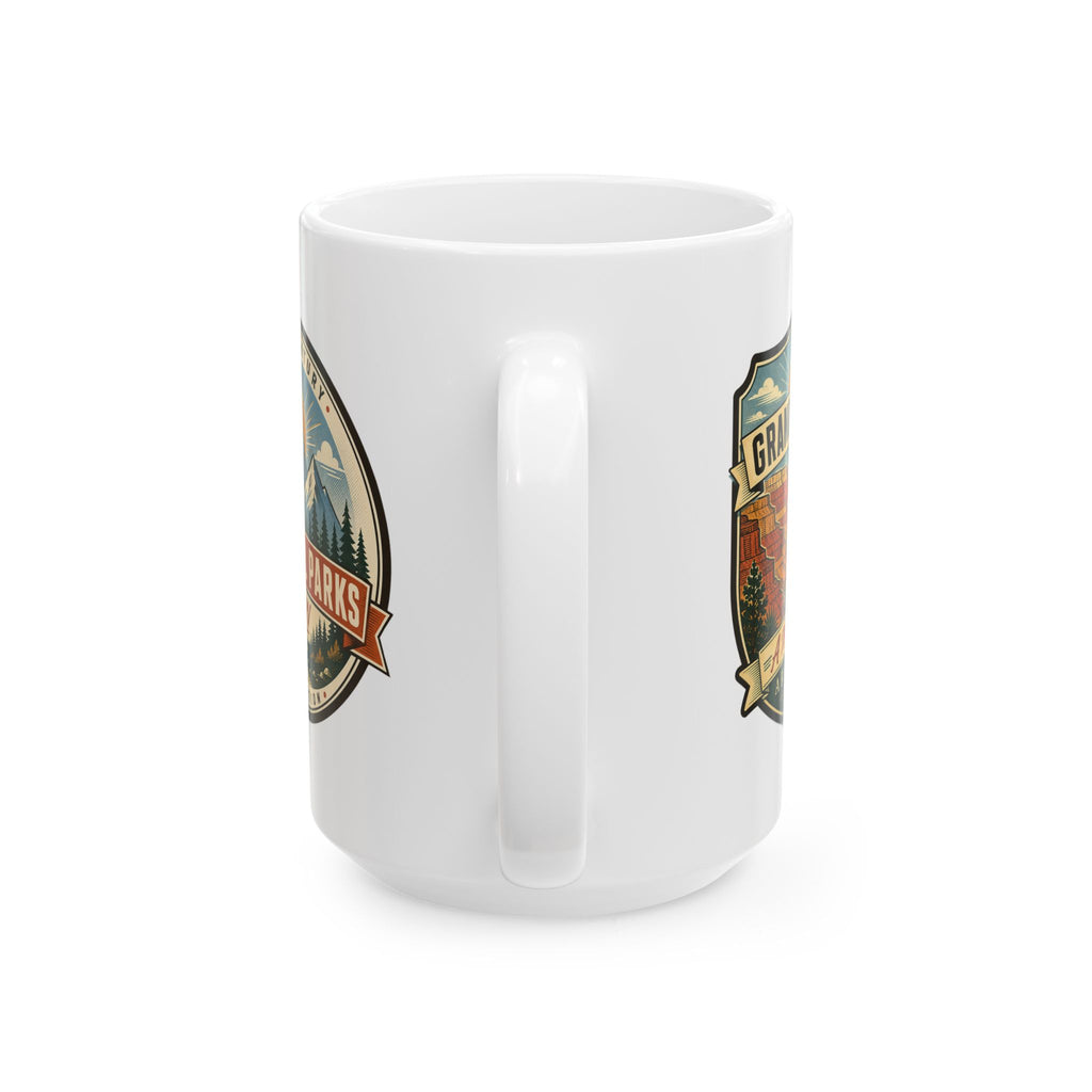 White ceramic mug with molded handle detail and partial Grand Canyon shield graphics