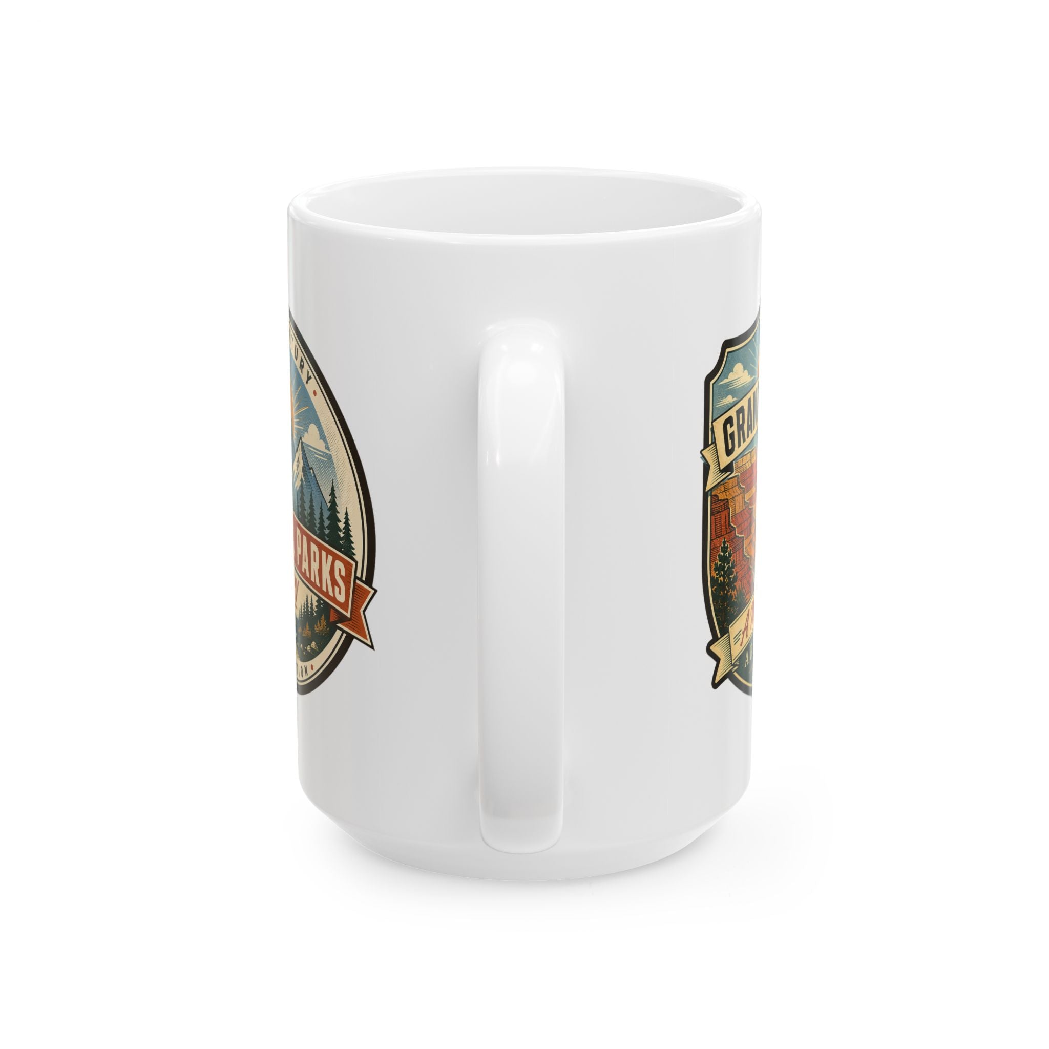 White ceramic mug with molded handle detail and partial Grand Canyon shield graphics