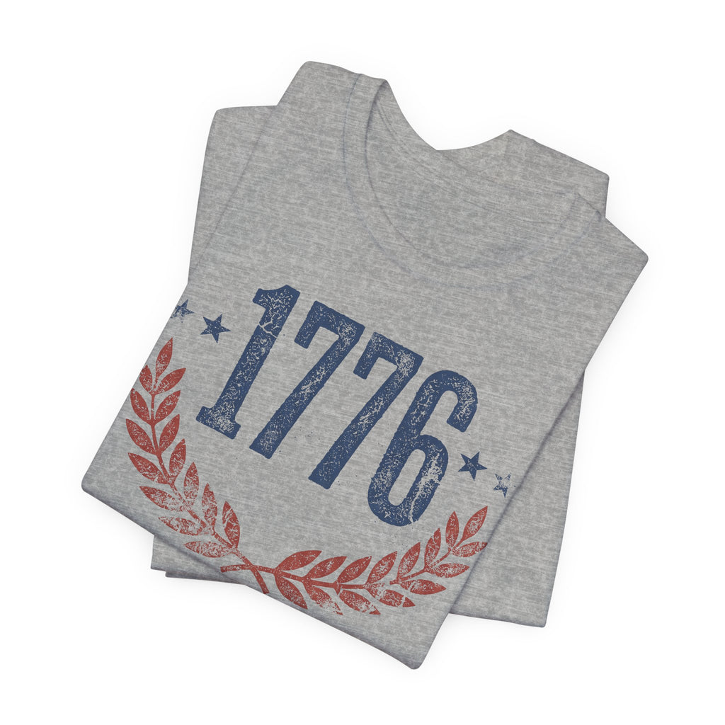 Dark grey heather T-shirt with large 1776 graphic and laurel wreath print on front