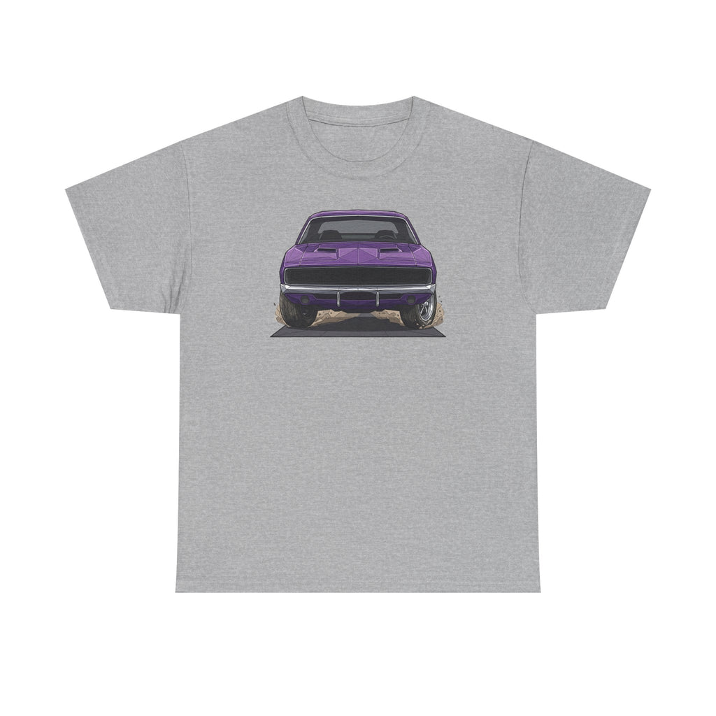 Light gray T-shirt with purple retro muscle car graphic on the front
