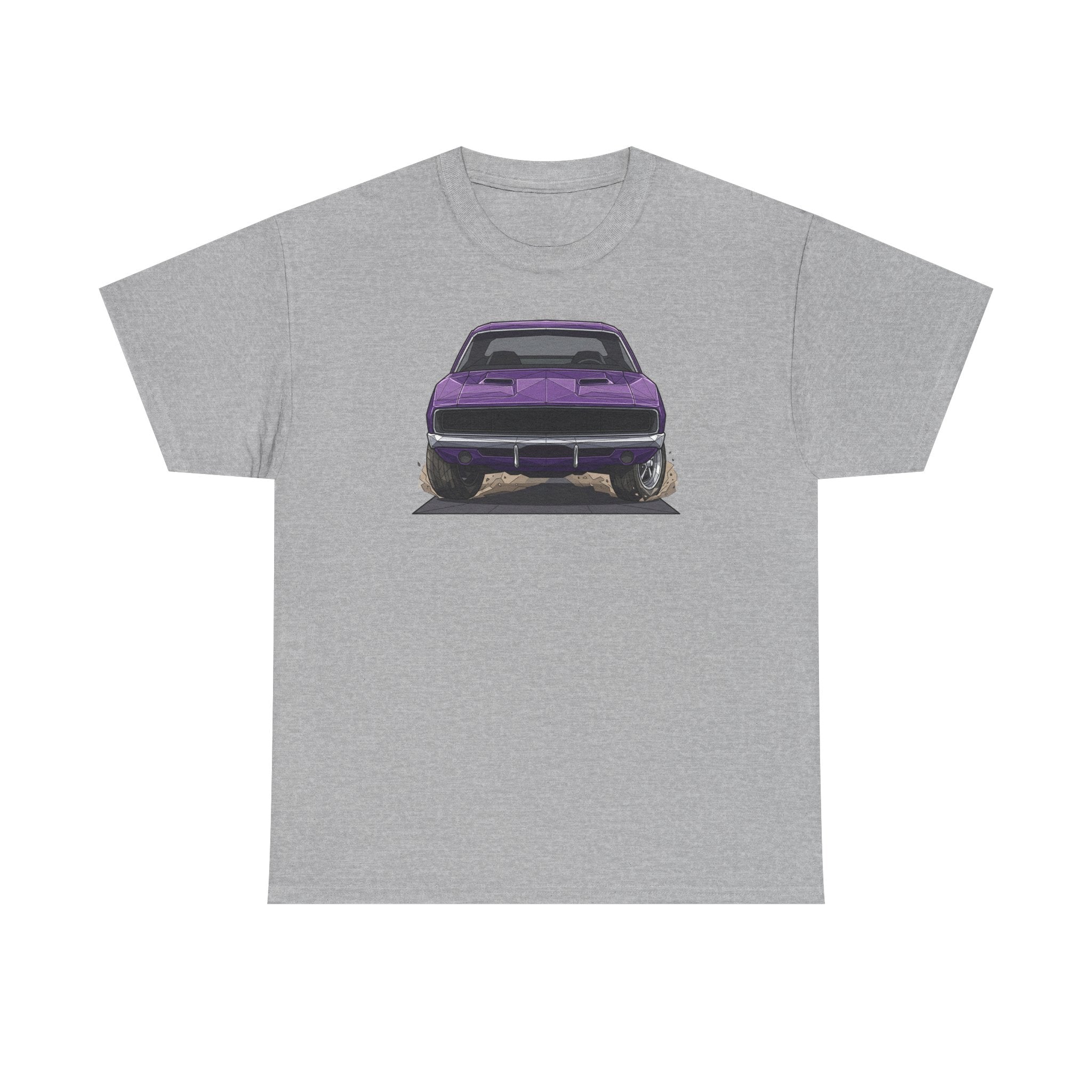 Light gray T-shirt with purple retro muscle car graphic on the front