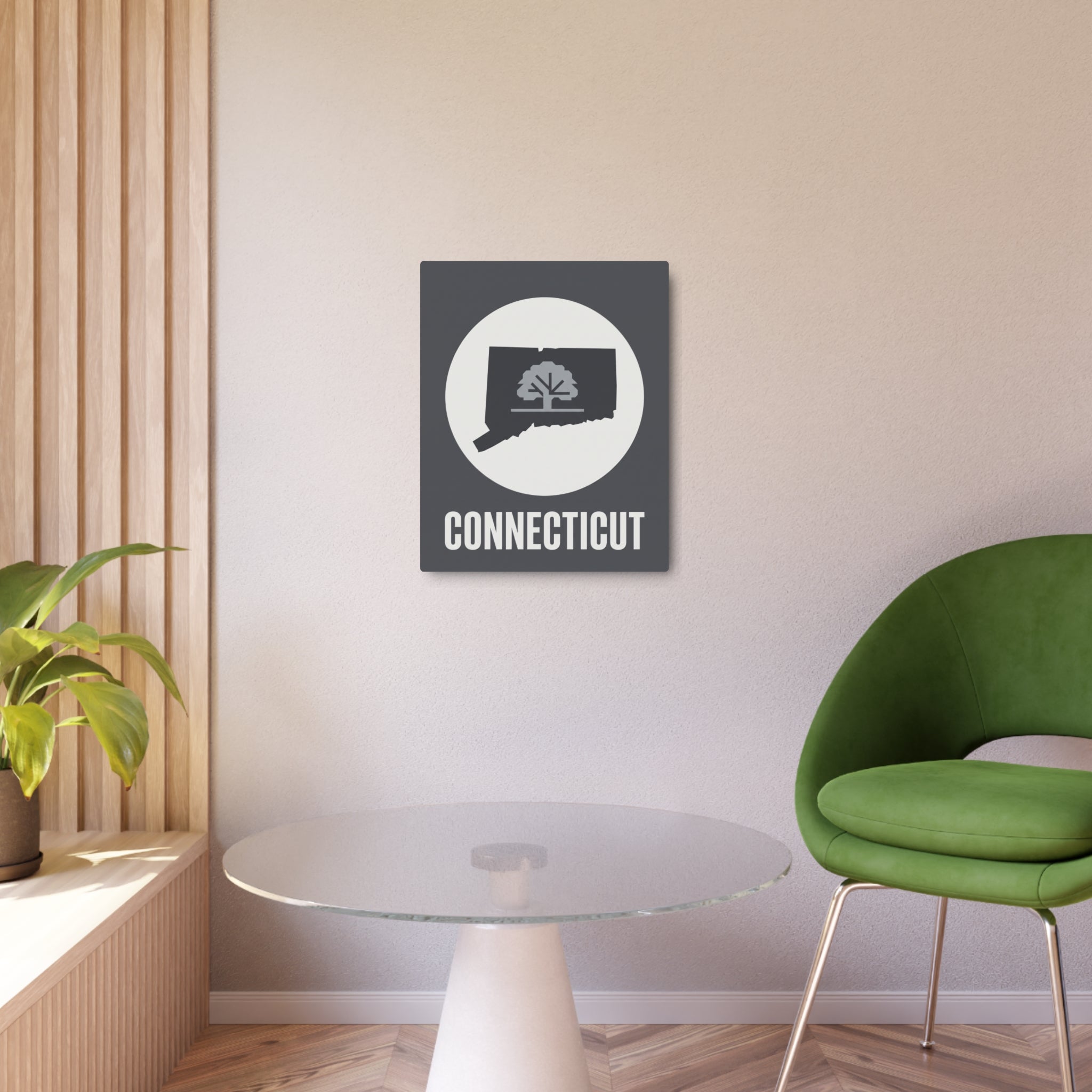 Connecticut metal wall art sign with circular tree silhouette and CONNECTICUT lettering