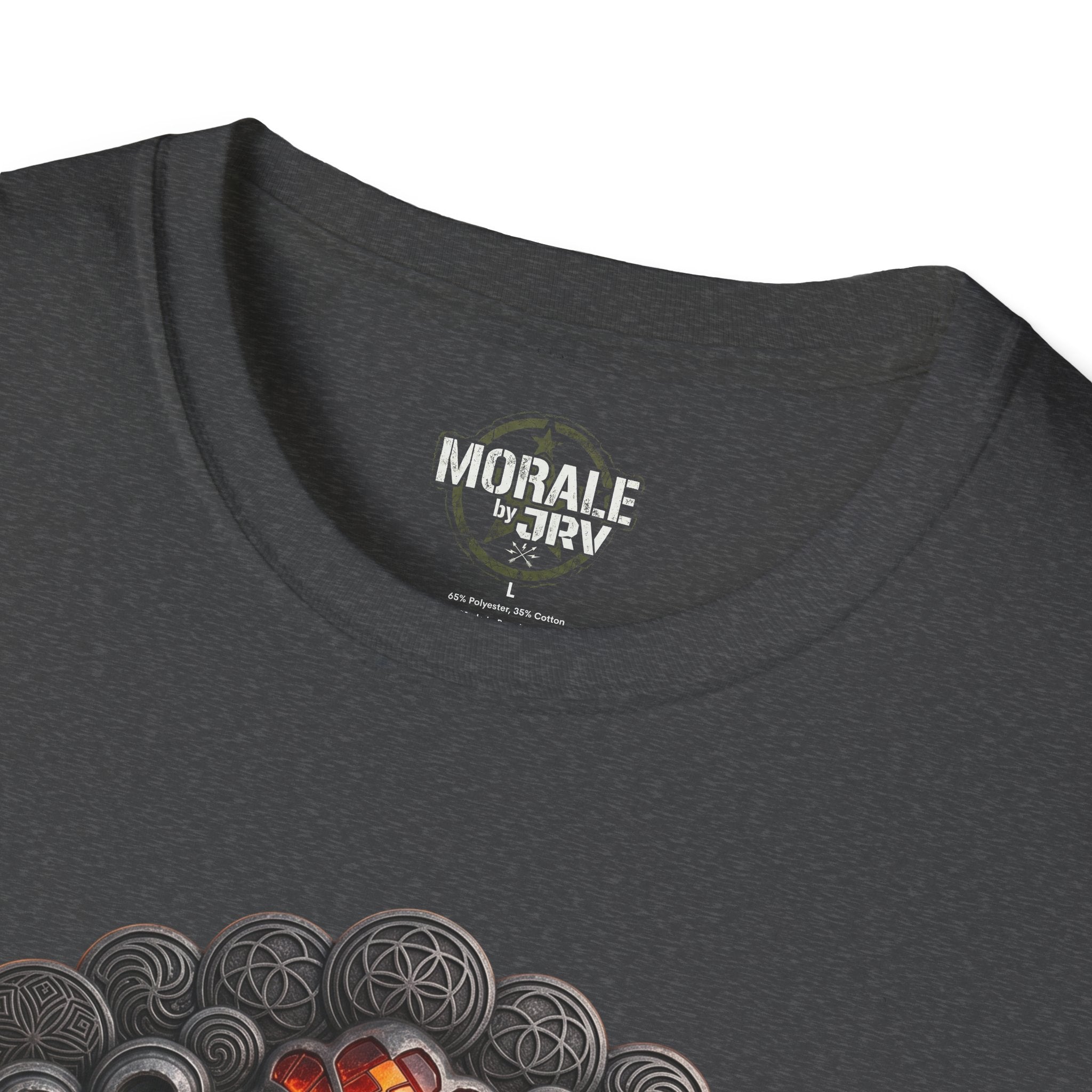 Charcoal T-shirt neck label with partial swirl and volcano graphic detail.