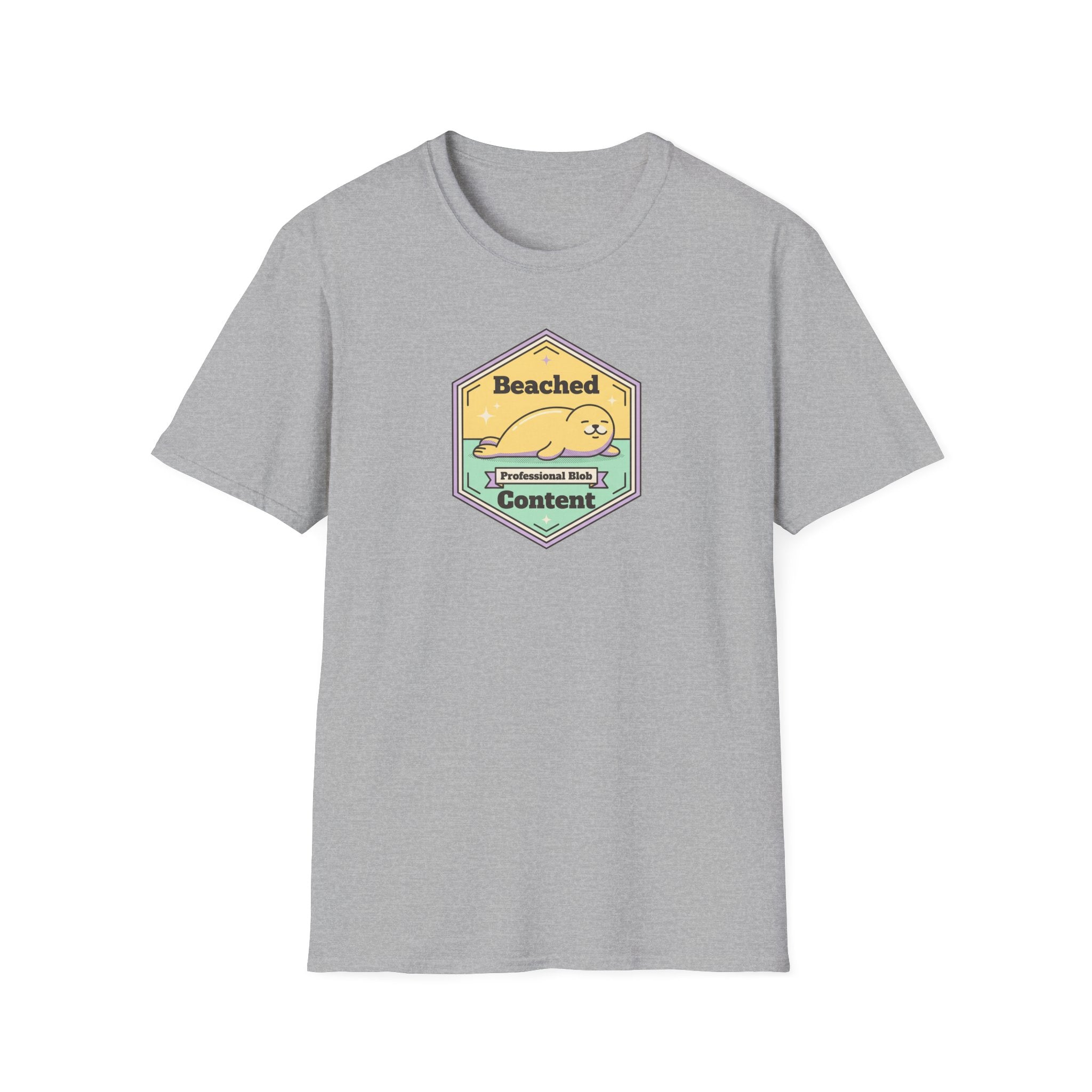 Light gray heather crew-neck T-shirt with seal badge graphic centered on chest