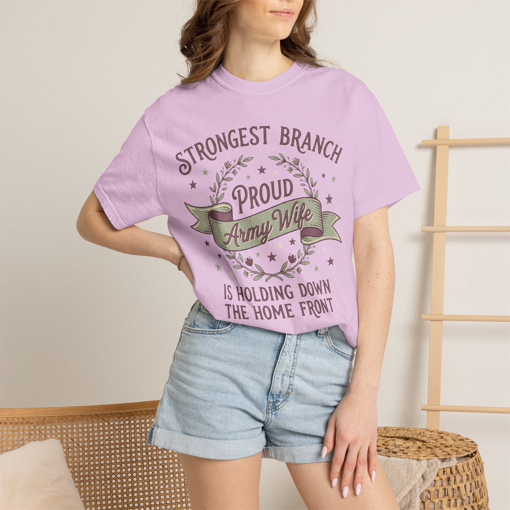 Lavender T-shirt worn front with circular Army Wife graphic and text