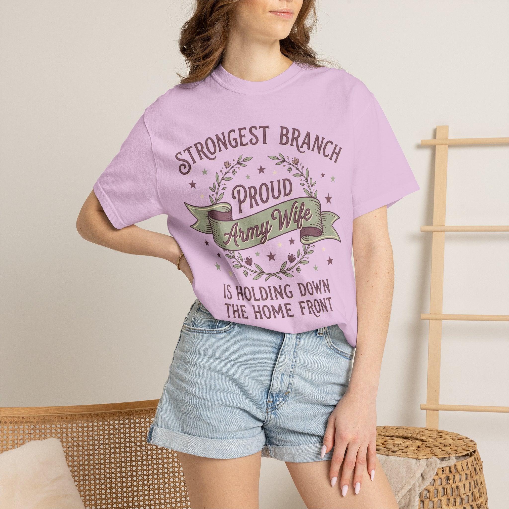 Pink women's T-shirt with 'Proud Army Wife' circular emblem and banner
