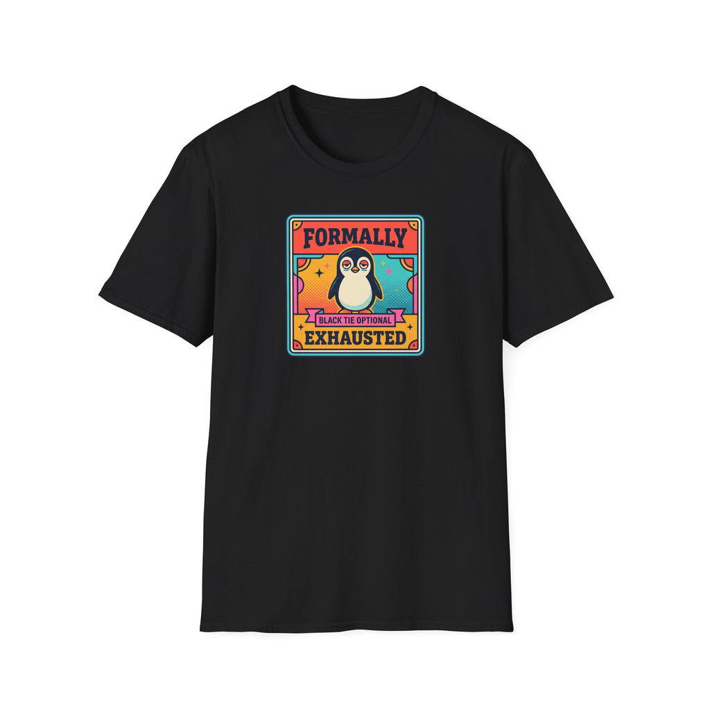 Black T-shirt with colorful penguin badge graphic