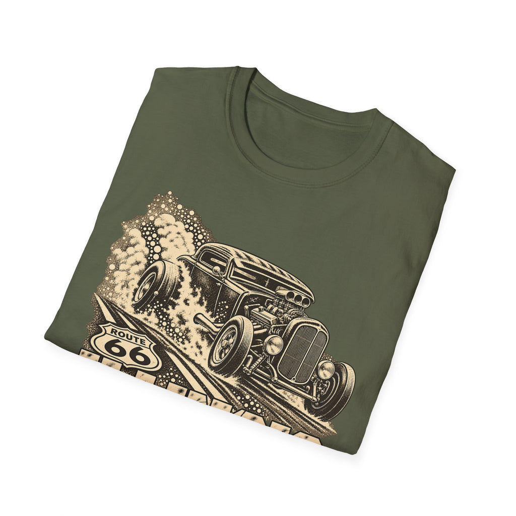 Military green short-sleeve T-shirt with vintage hot rod graphic on the front