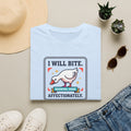 Light blue T-shirt with front graphic: I WILL BITE warning goose