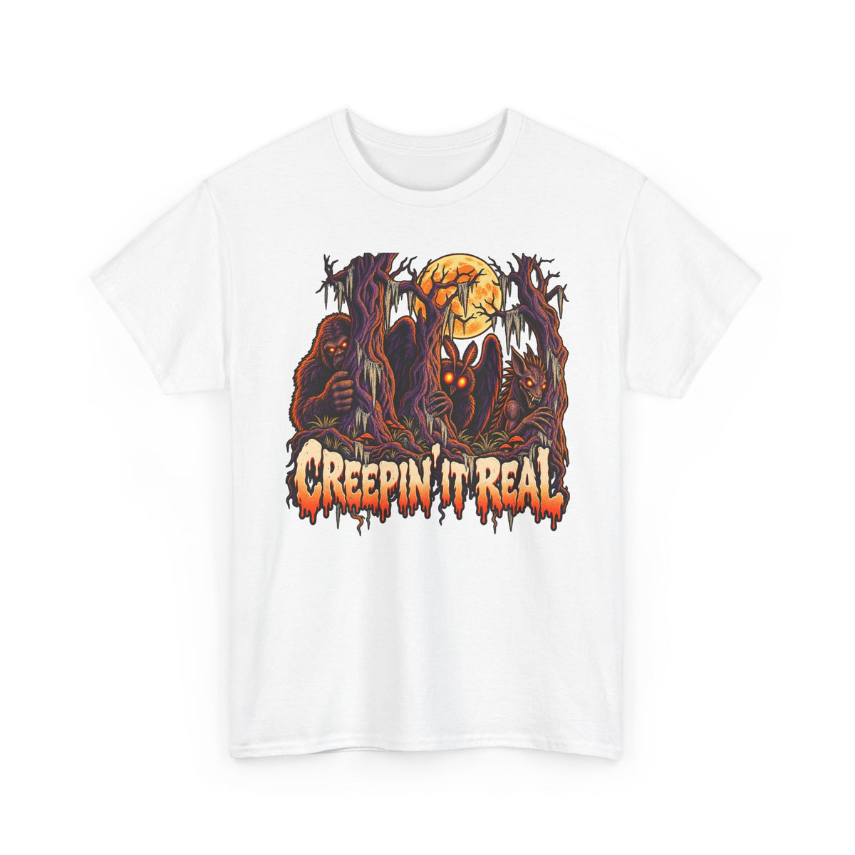 Halloween monster graphic T-shirt in white with orange skull and dark claw artwork