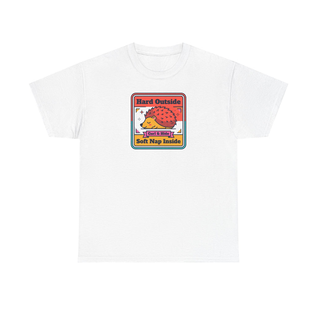 White T-shirt with colorful hedgehog graphic and “Hard Outside Soft Nap Inside” text