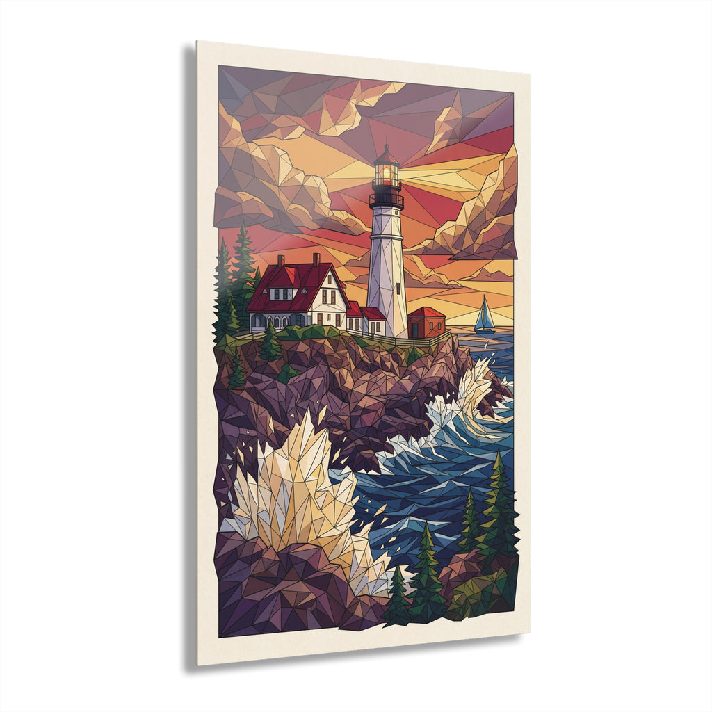 Framed geometric lighthouse acrylic print featuring a red-roof house and glowing lighthouse.