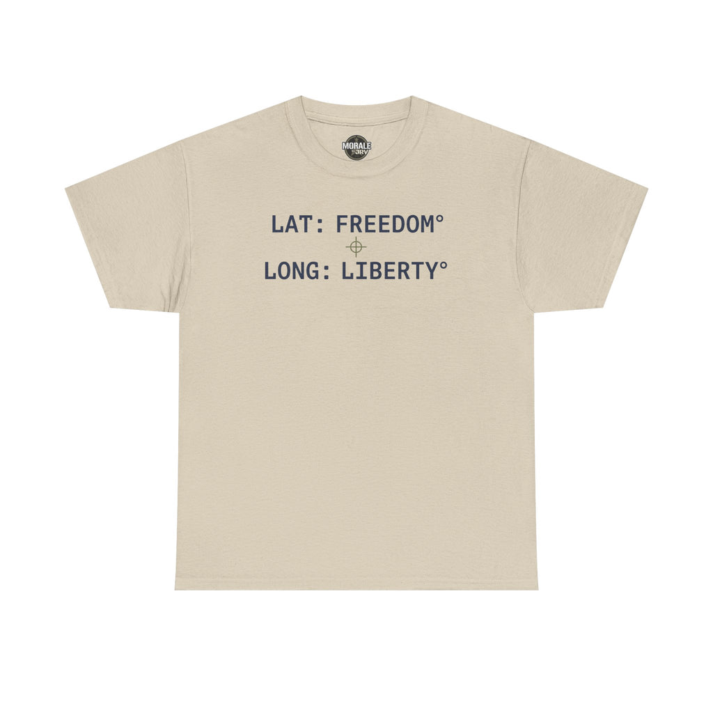 Sand T-shirt with "LAT: FREEDOM" and "LONG: LIBERTY" graphic