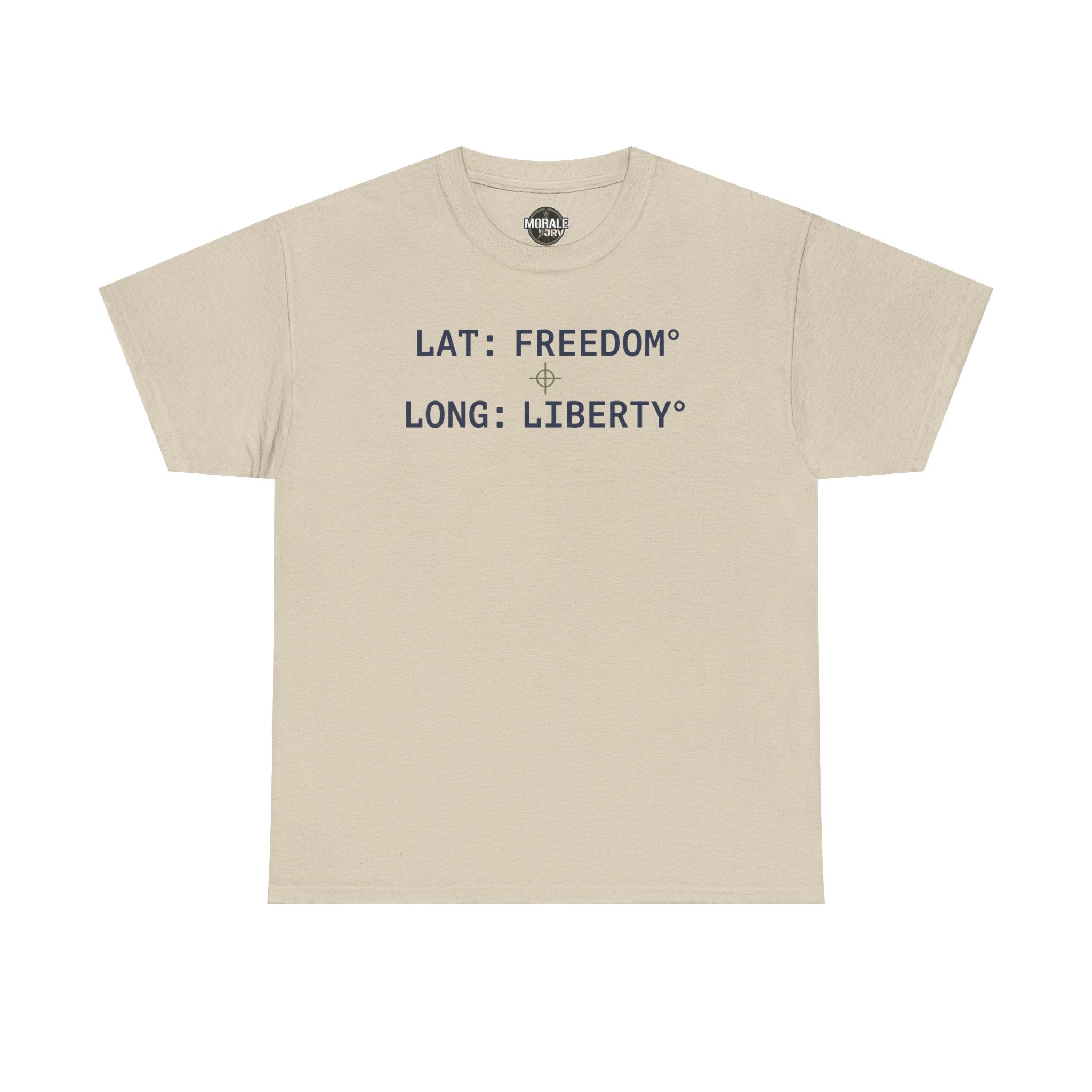 Sand T-shirt with "LAT: FREEDOM" and "LONG: LIBERTY" graphic