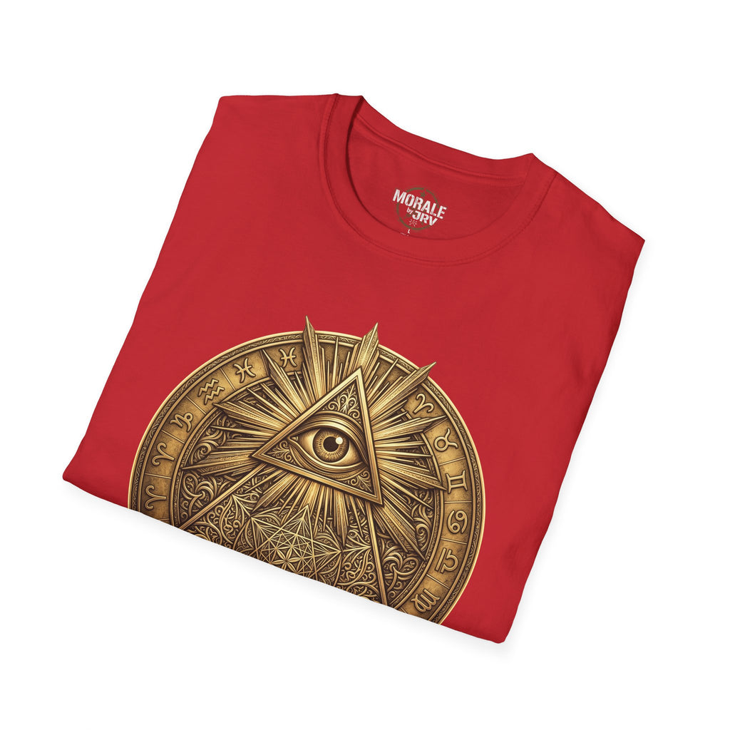 Red T-shirt with gold all-seeing eye mandala symbol