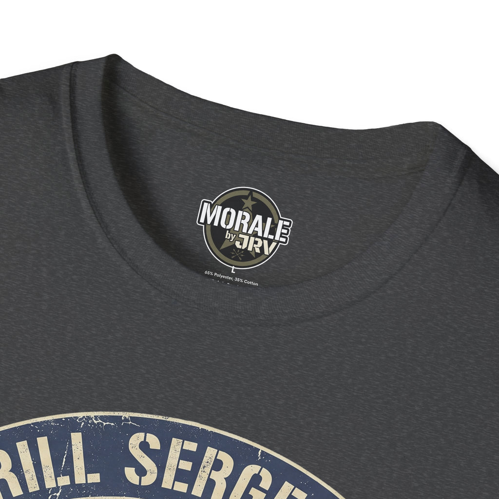 Dark gray heather crew-neck T-shirt neckline with small circular logo patch