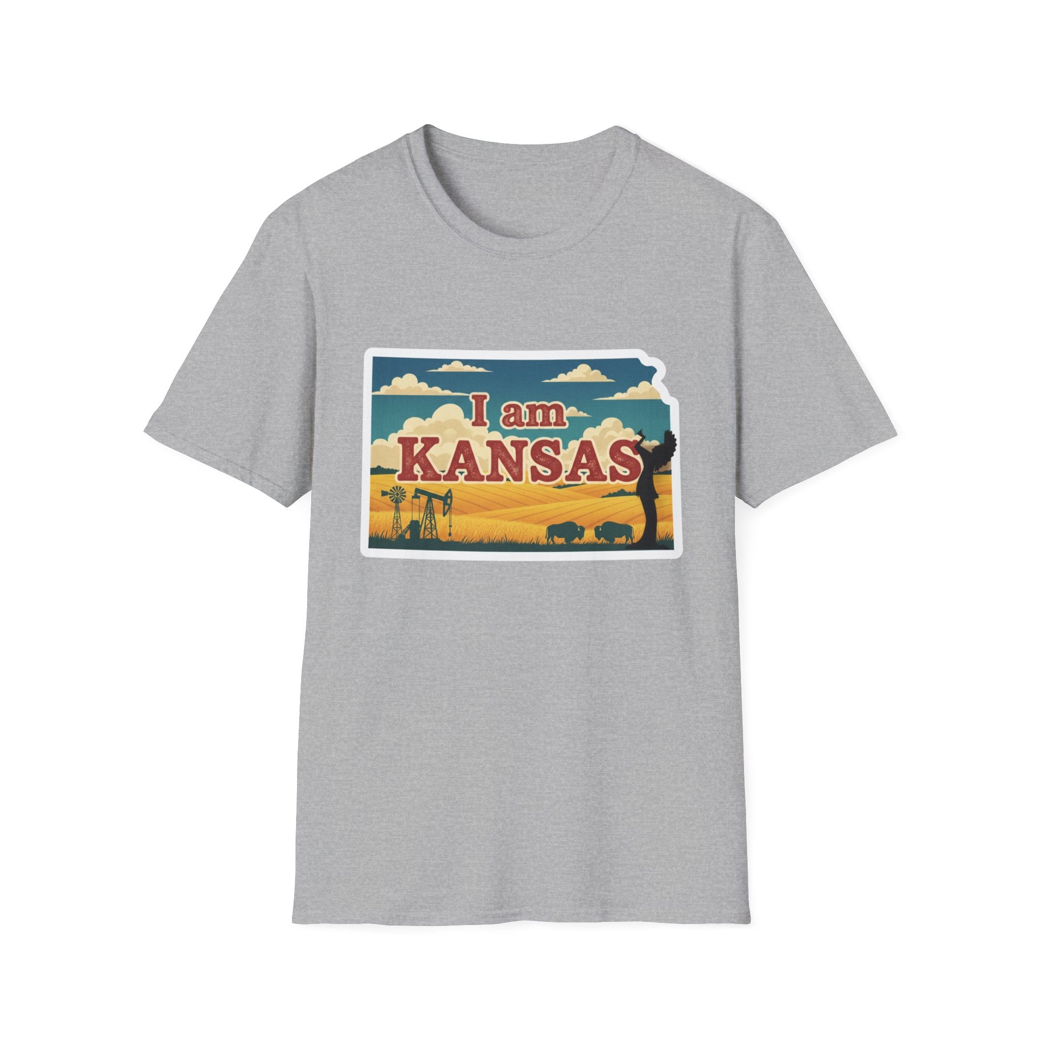 Sport Grey Kansas T-shirt with 'I am KANSAS' state graphic and prairie background