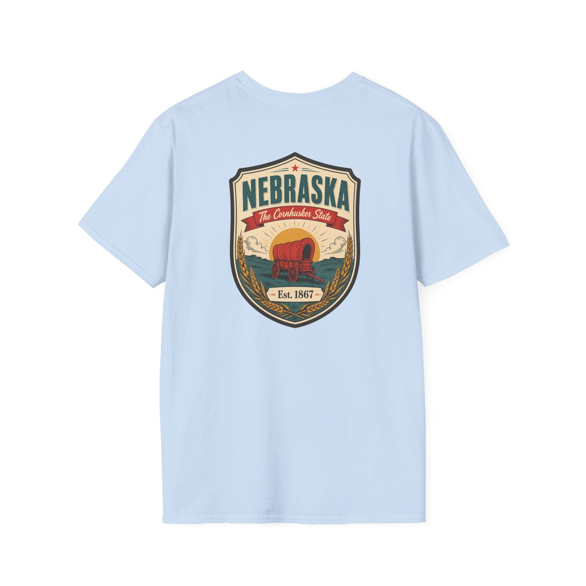 Light blue T-shirt with Nebraska shield graphic on front.