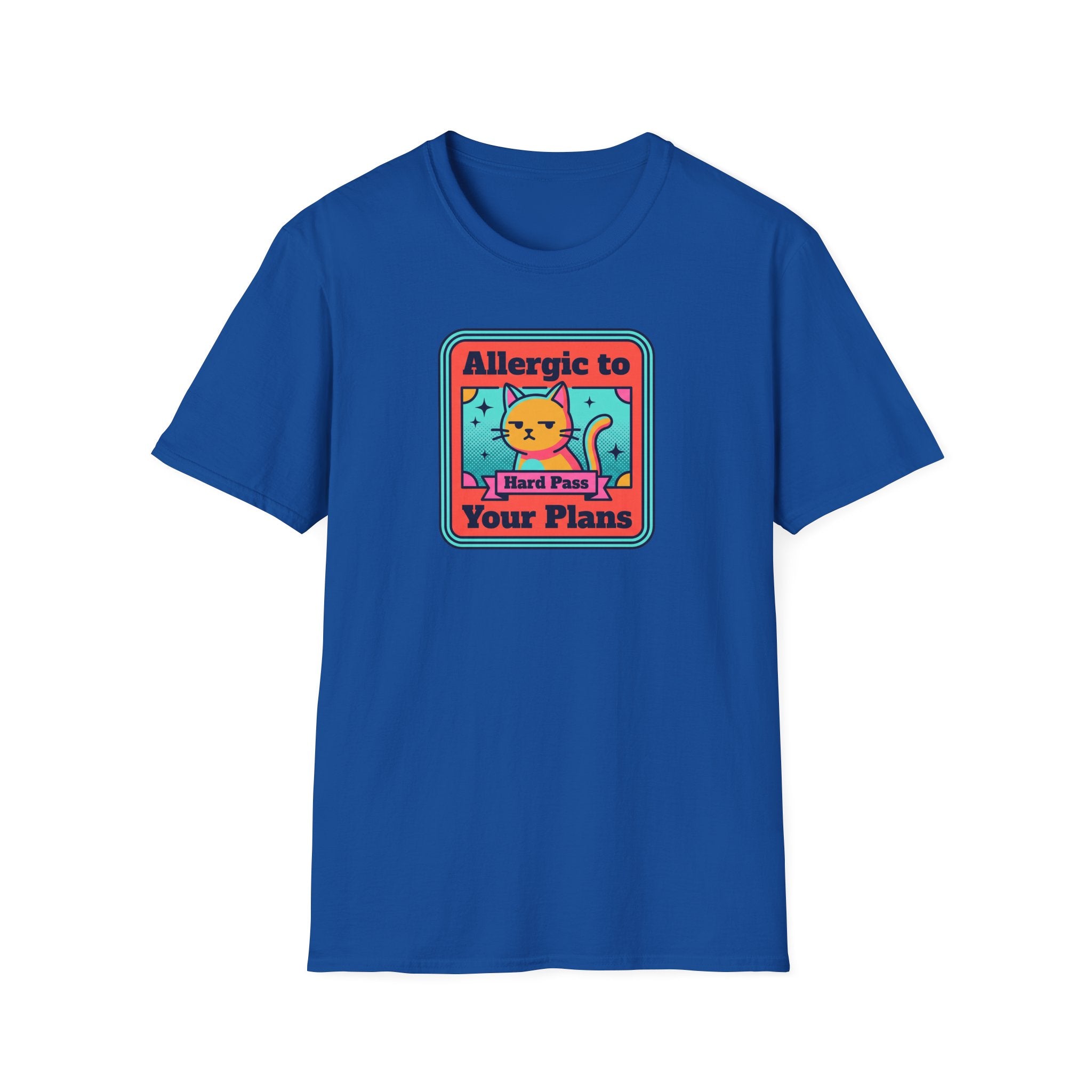 Royal blue cat graphic t-shirt with framed cartoon cat front print