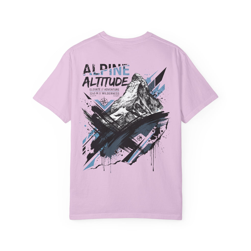 Lavender crewneck t-shirt with Alpine mountain graphic and splatter print on front