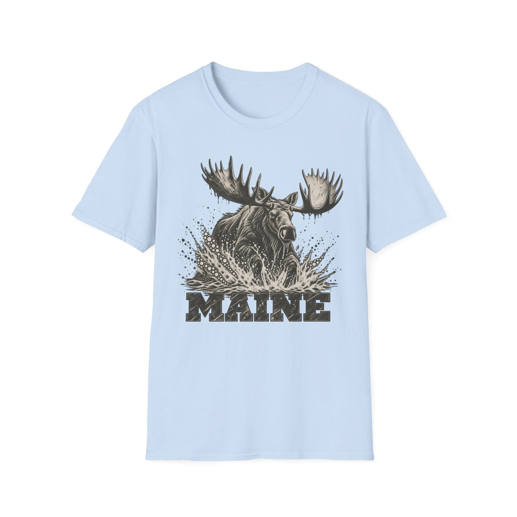 Light blue moose graphic t-shirt with antlers splash and “MAINE” text