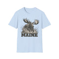 Light blue moose graphic t-shirt with antlers splash and “MAINE” text
