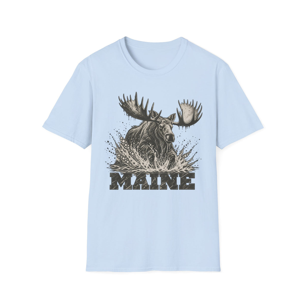 Light blue moose graphic t-shirt with antlers splash and “MAINE” text