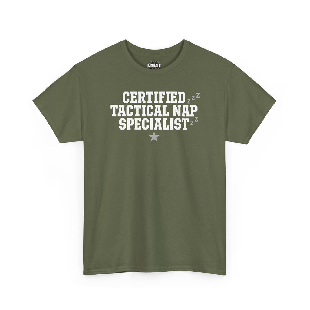Olive green crew-neck T-shirt with “Certified Tactical Nap Specialist” text graphic and star