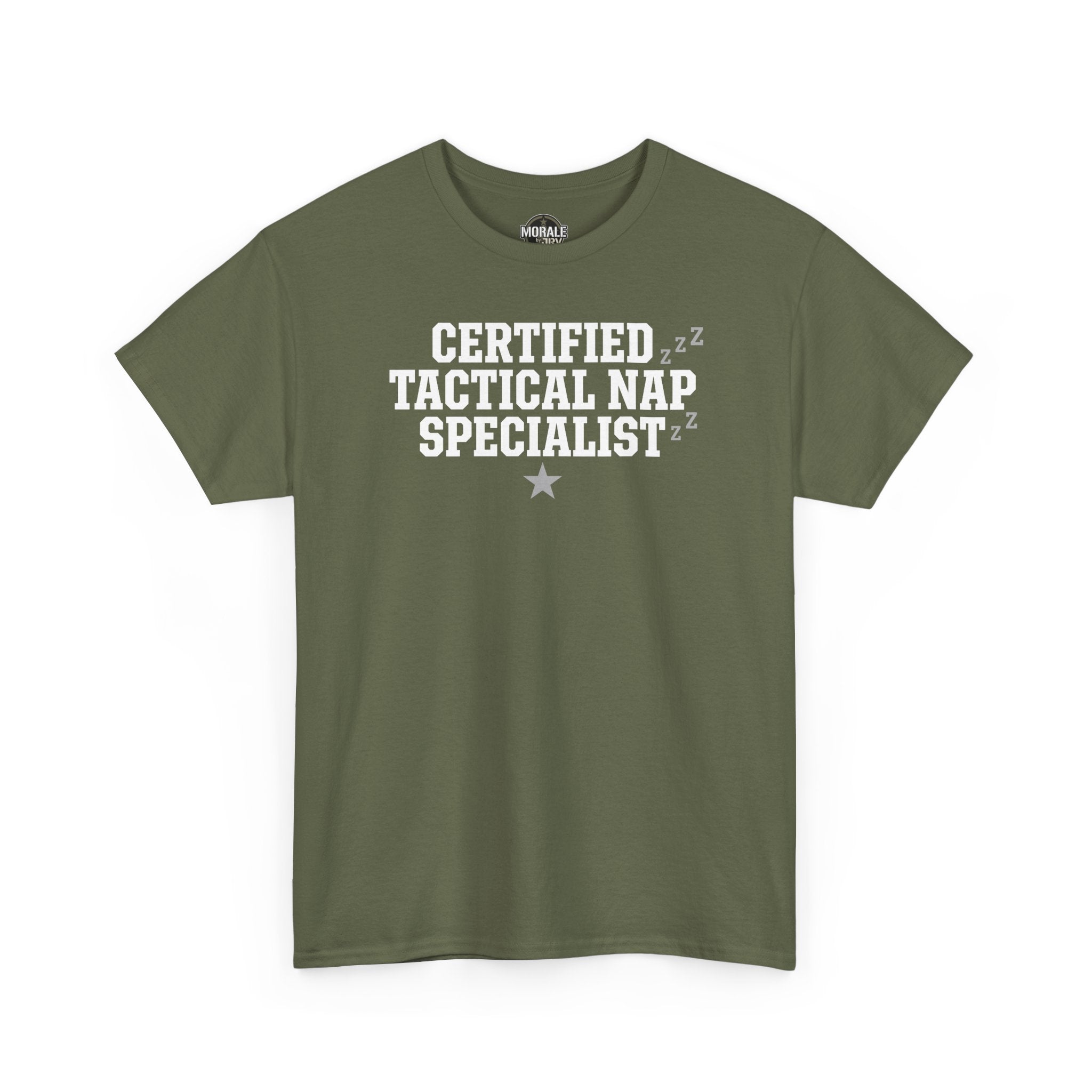 Olive green crew-neck T-shirt with “Certified Tactical Nap Specialist” text graphic and star