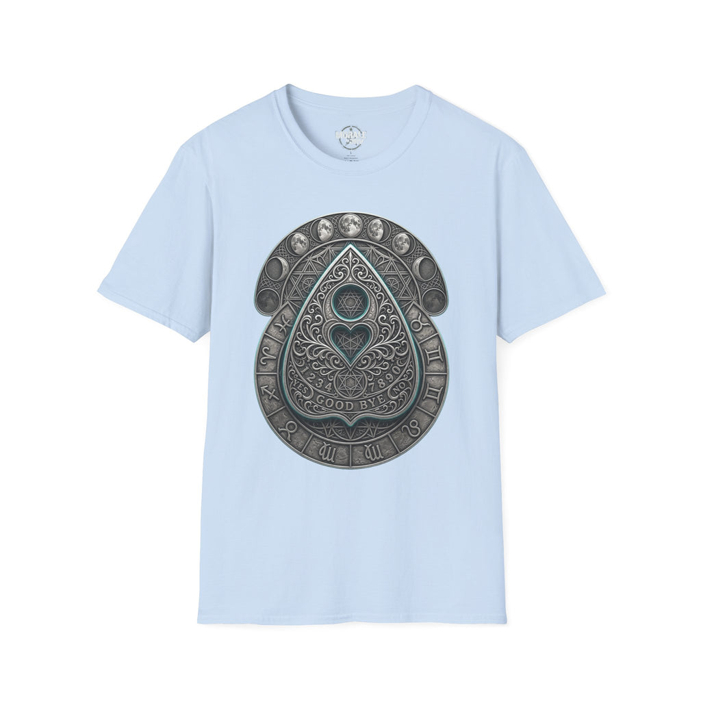 Light blue t-shirt featuring ornate Ouija planchette graphic in teal and silver