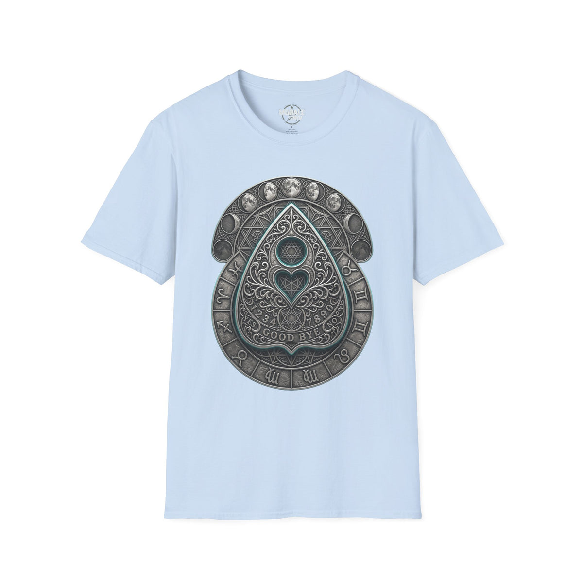 Light blue t-shirt featuring ornate Ouija planchette graphic in teal and silver