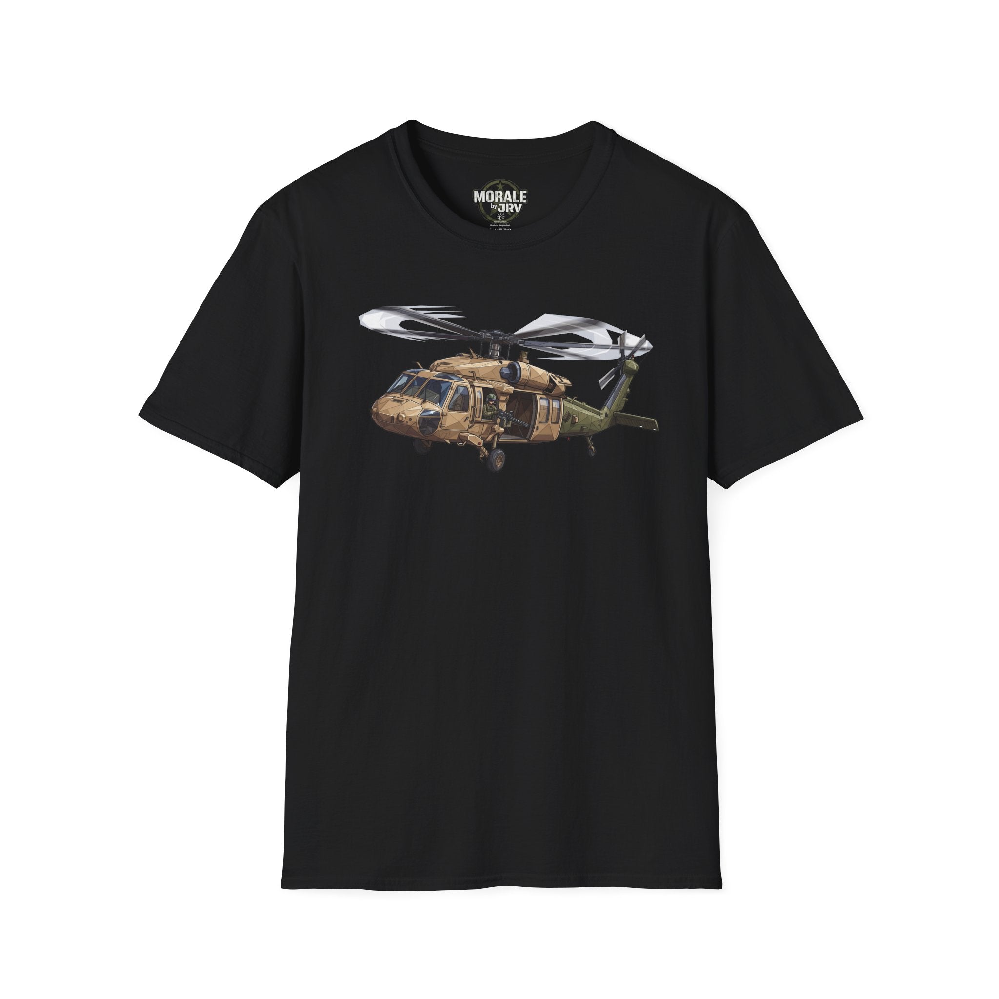 Helicopter graphic T-shirt in black, front print of a UH-60 Black Hawk