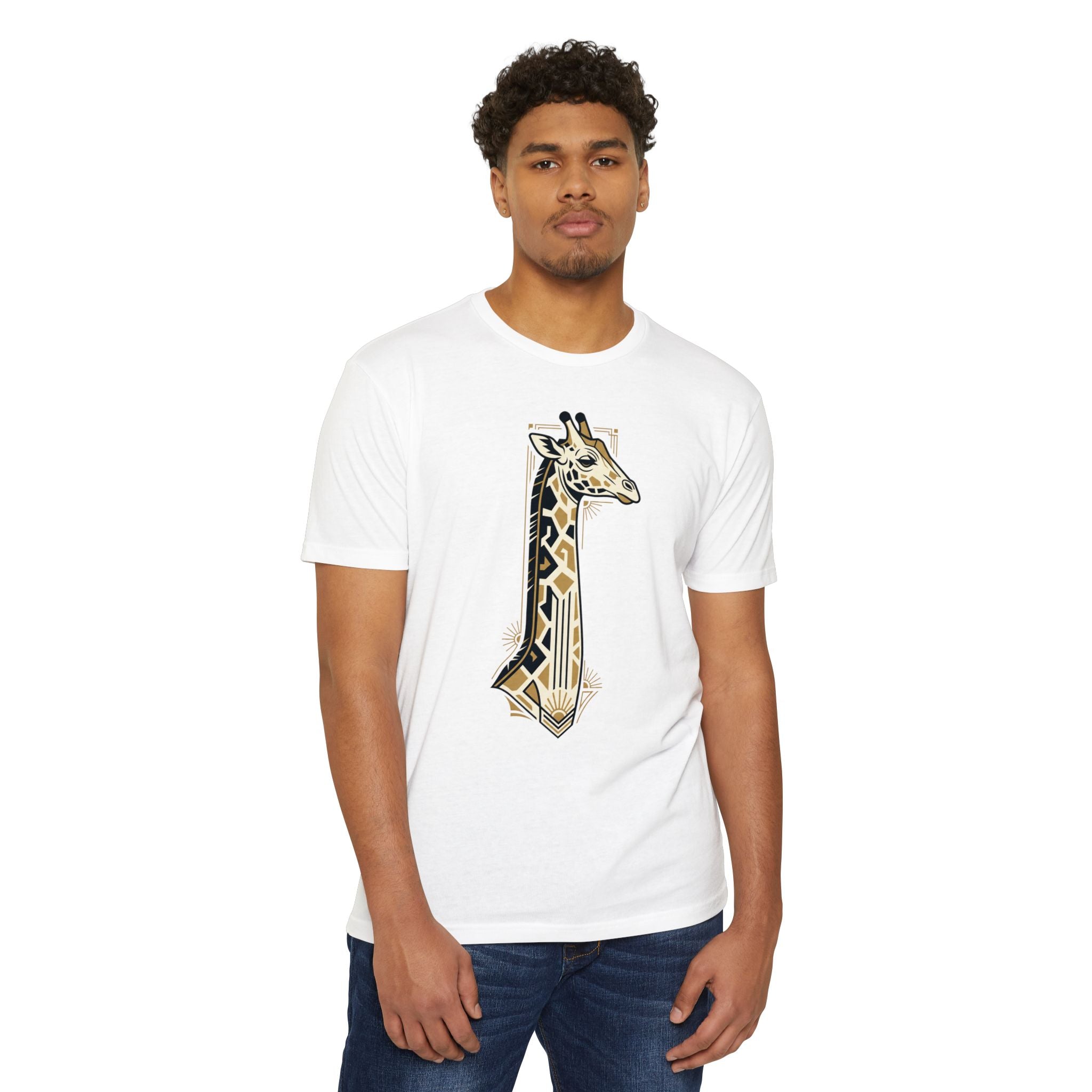 White giraffe graphic t-shirt with Art Deco geometric design, front