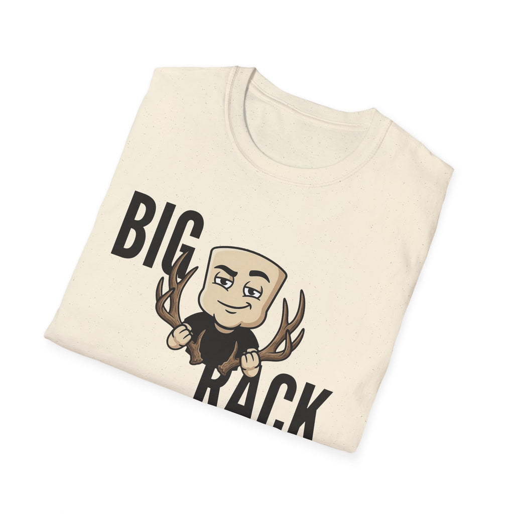 Cream T-shirt with “BIG RACK” graphic and cartoon hunter with antlers