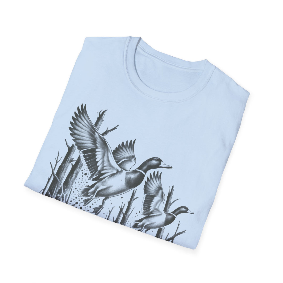 Light blue T-shirt with flying duck graphic across the lower front