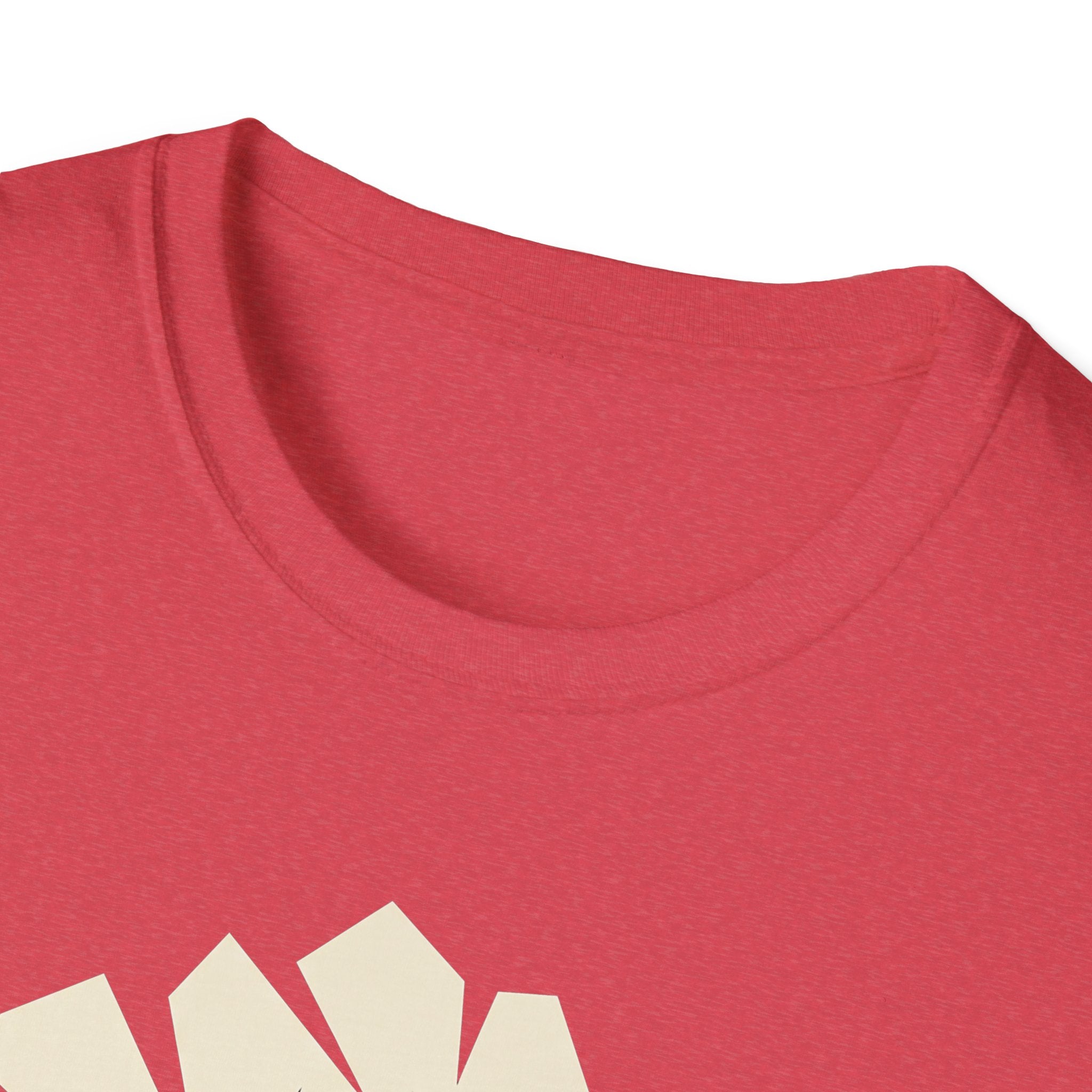 Heather red T-shirt neckline close-up with geometric tree graphic edge