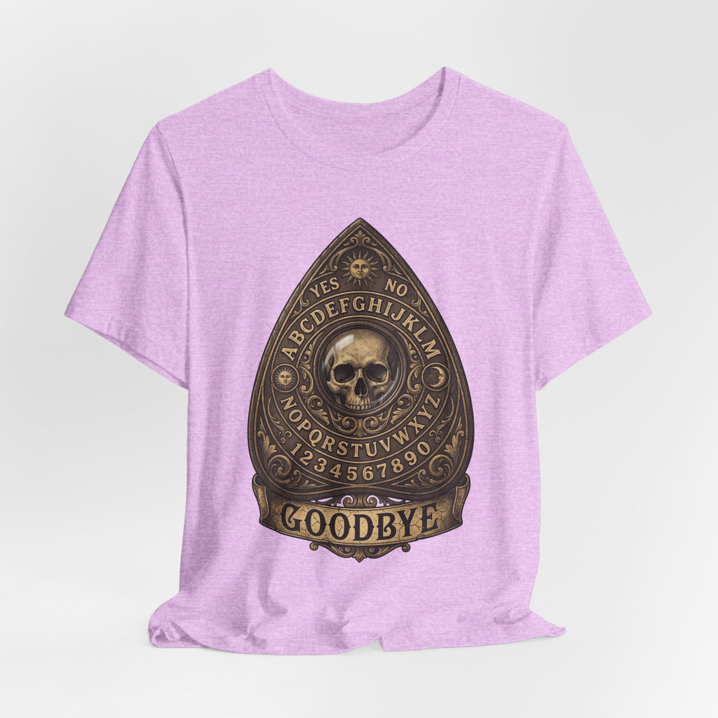 Camiseta lila heather prism con gráfico Ouija: calavera central y “GOODBYE”