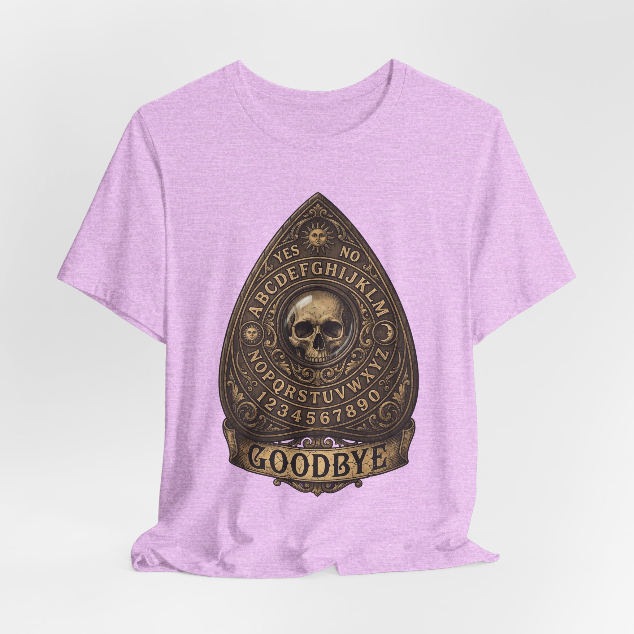 Camiseta lila heather prism con gráfico Ouija: calavera central y “GOODBYE”