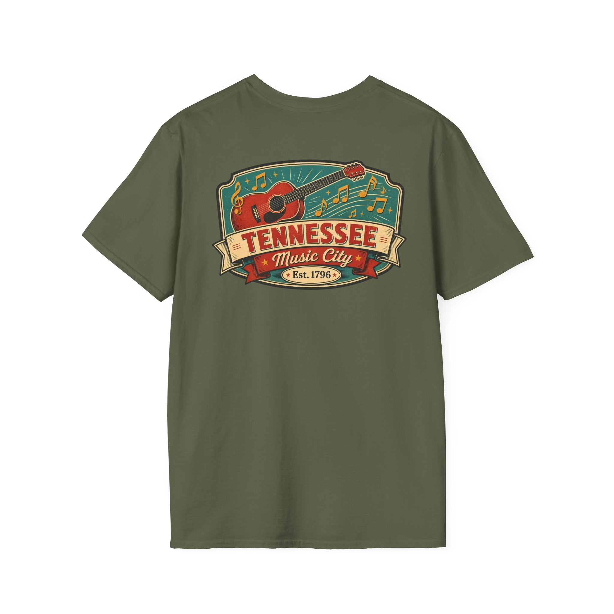 Olive green graphic T-shirt with Tennessee Music City badge and guitar