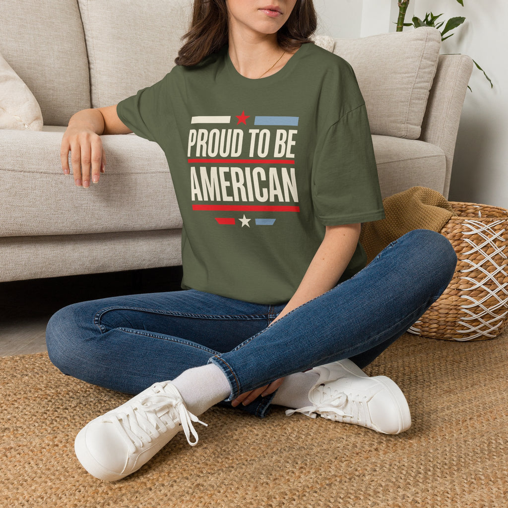 Military green patriotic T-shirt with 'Proud To Be American' star-and-stripe front graphic