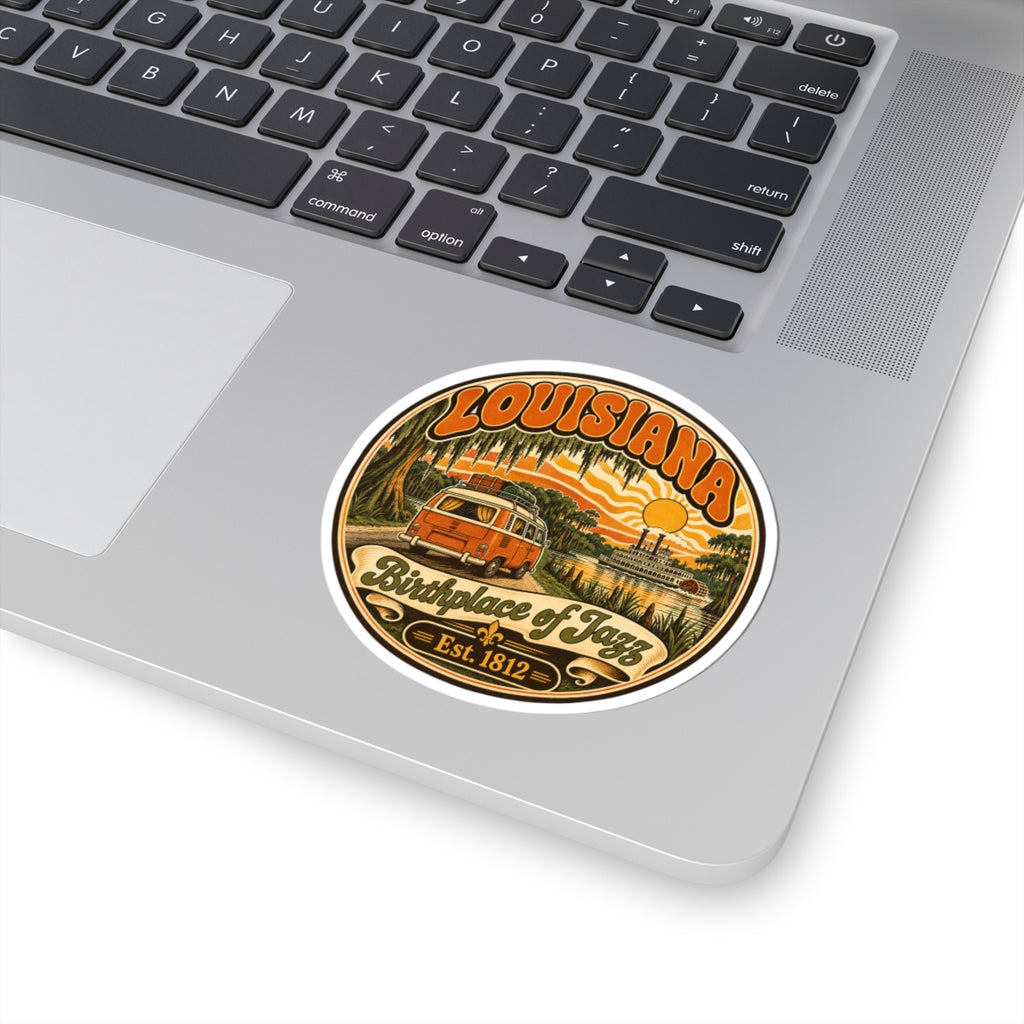 Round Louisiana Birthplace of Jazz sticker with orange van and sun, Est. 1812, angled view
