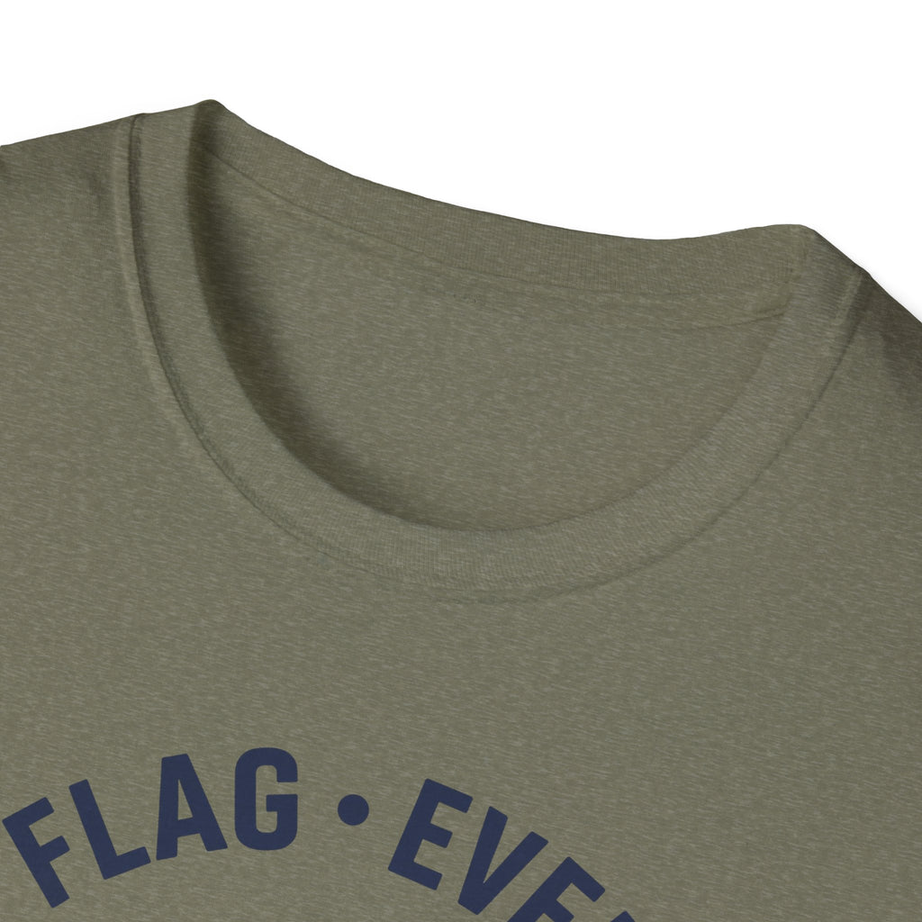 Olive t-shirt crew neck close-up with partial “FLAG • EVERY ERA” print