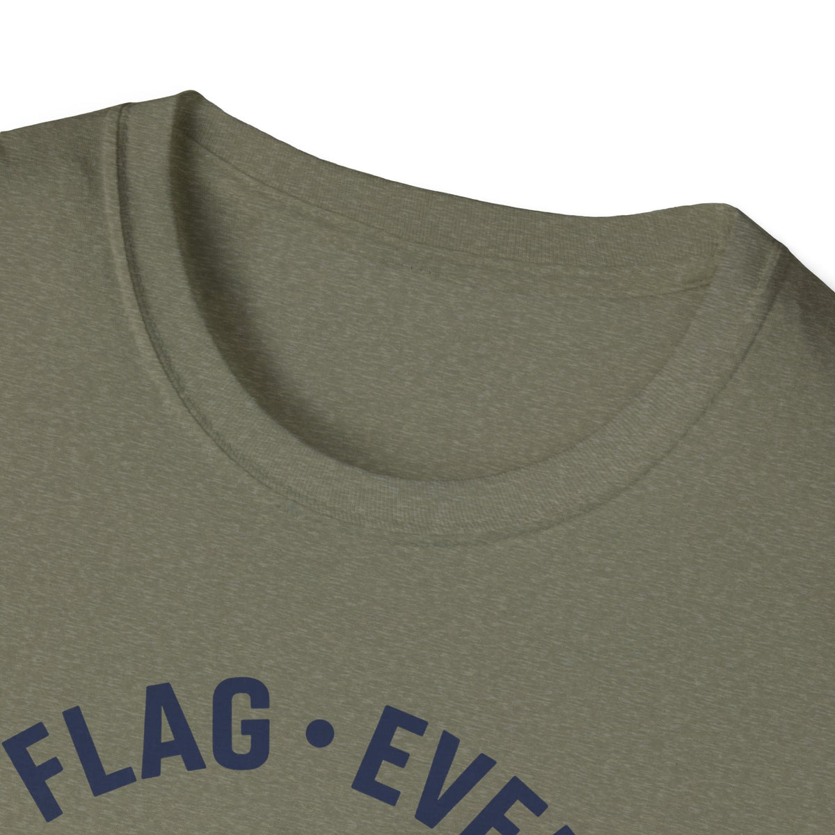 Olive t-shirt crew neck close-up with partial “FLAG • EVERY ERA” print