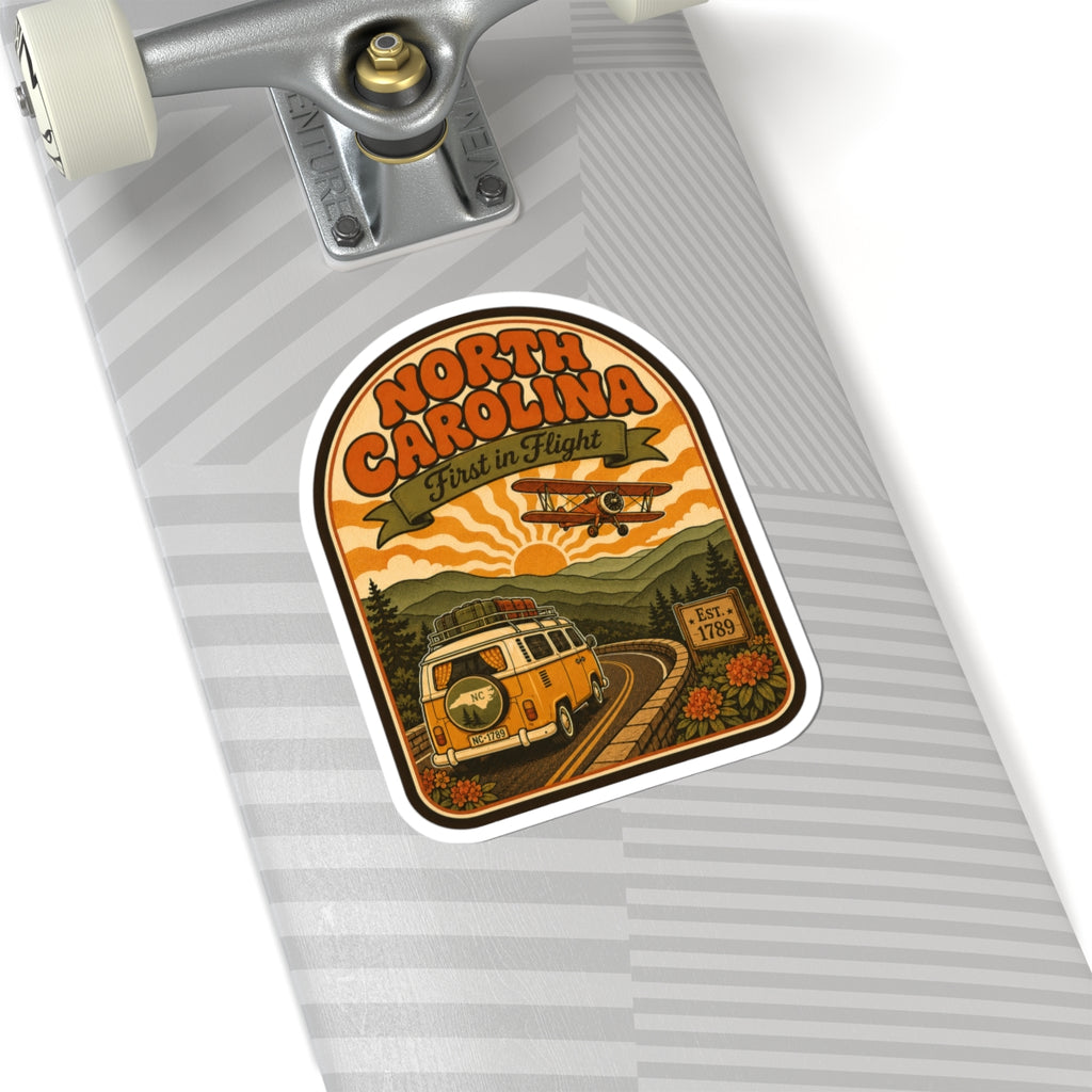 North Carolina vintage van and biplane round sticker on luggage tag, white border