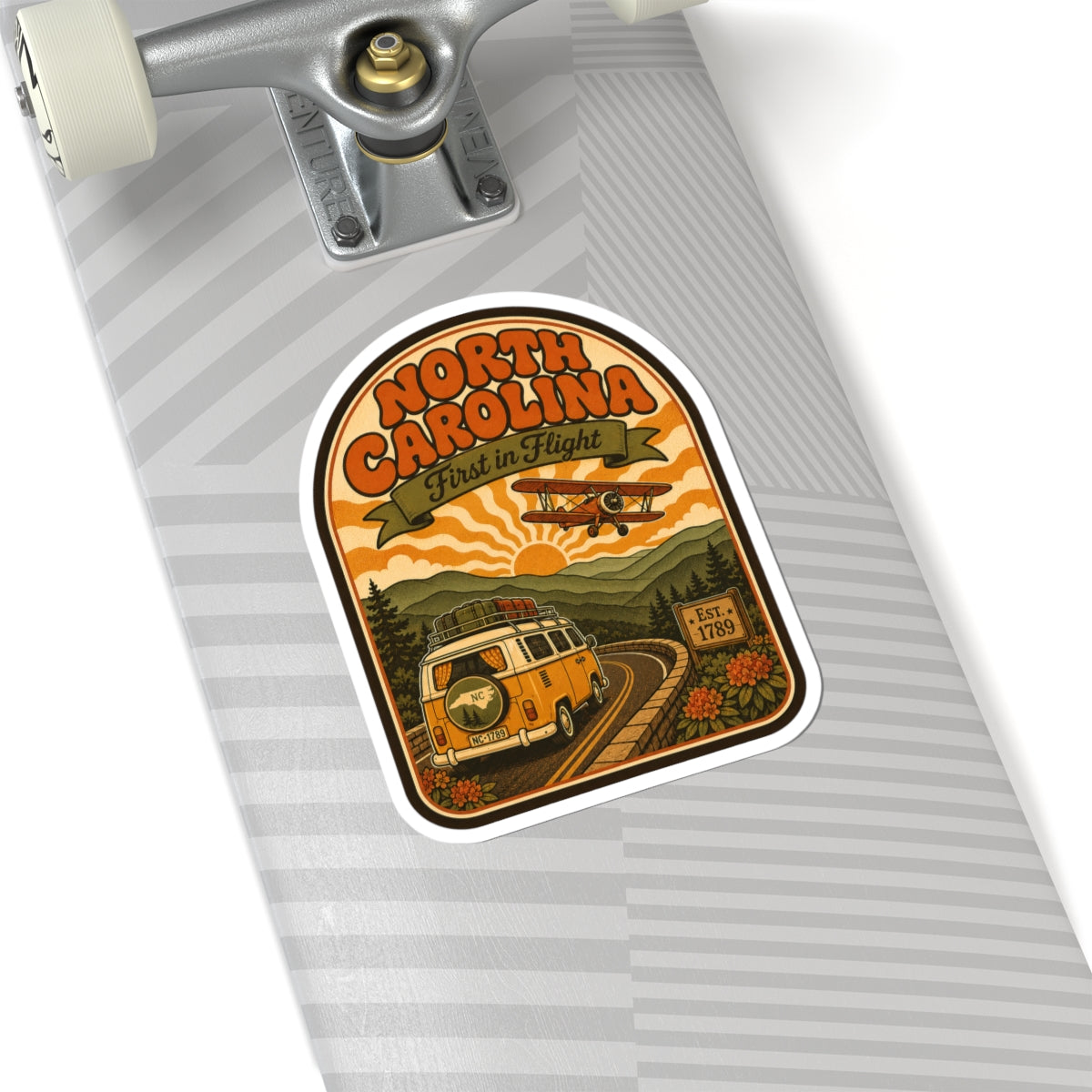 North Carolina vintage van and biplane round sticker on luggage tag, white border