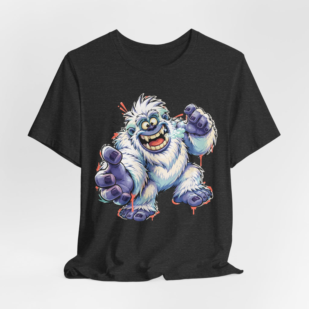 Black heather T-shirt with cartoon yeti monster graphic, arms raised