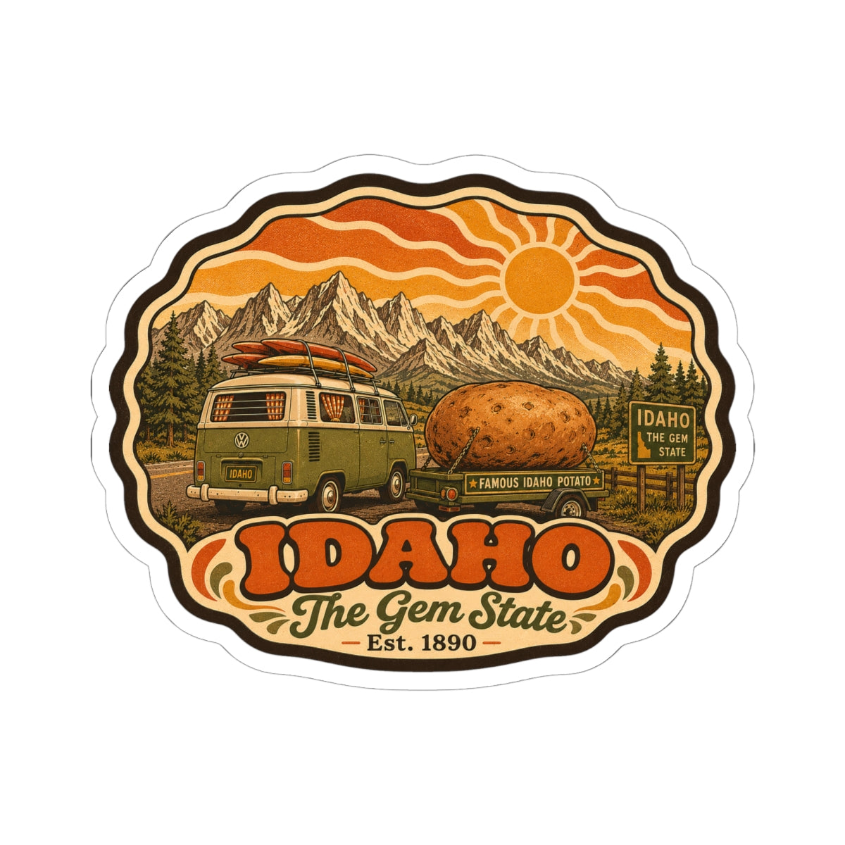 Idaho state sticker showing green van, potato, mountain range and sun, orange retro design, white border.