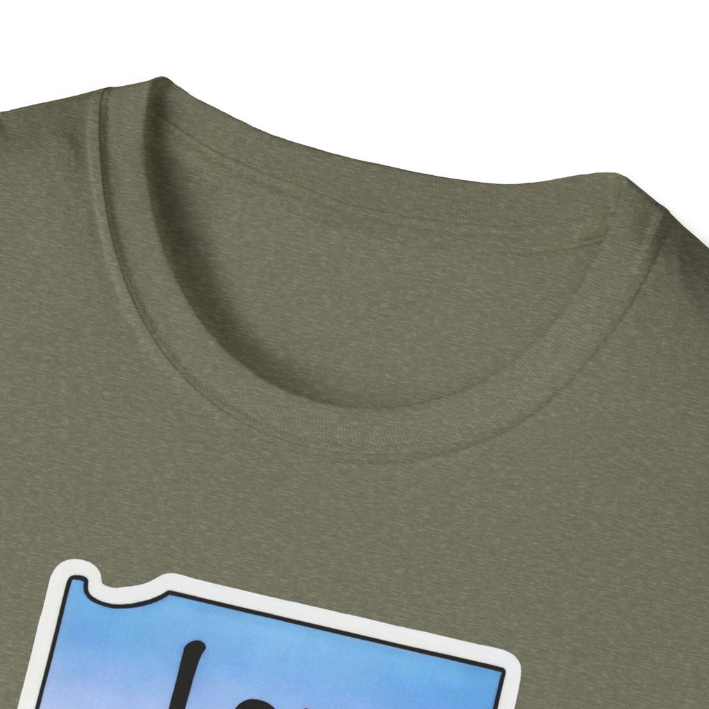 Olive green T-shirt collar with top of framed “I am Indiana” print