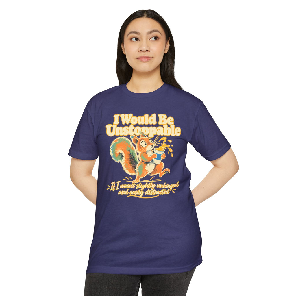 Purple crewneck T-shirt with colorful squirrel graphic and humorous text on front.