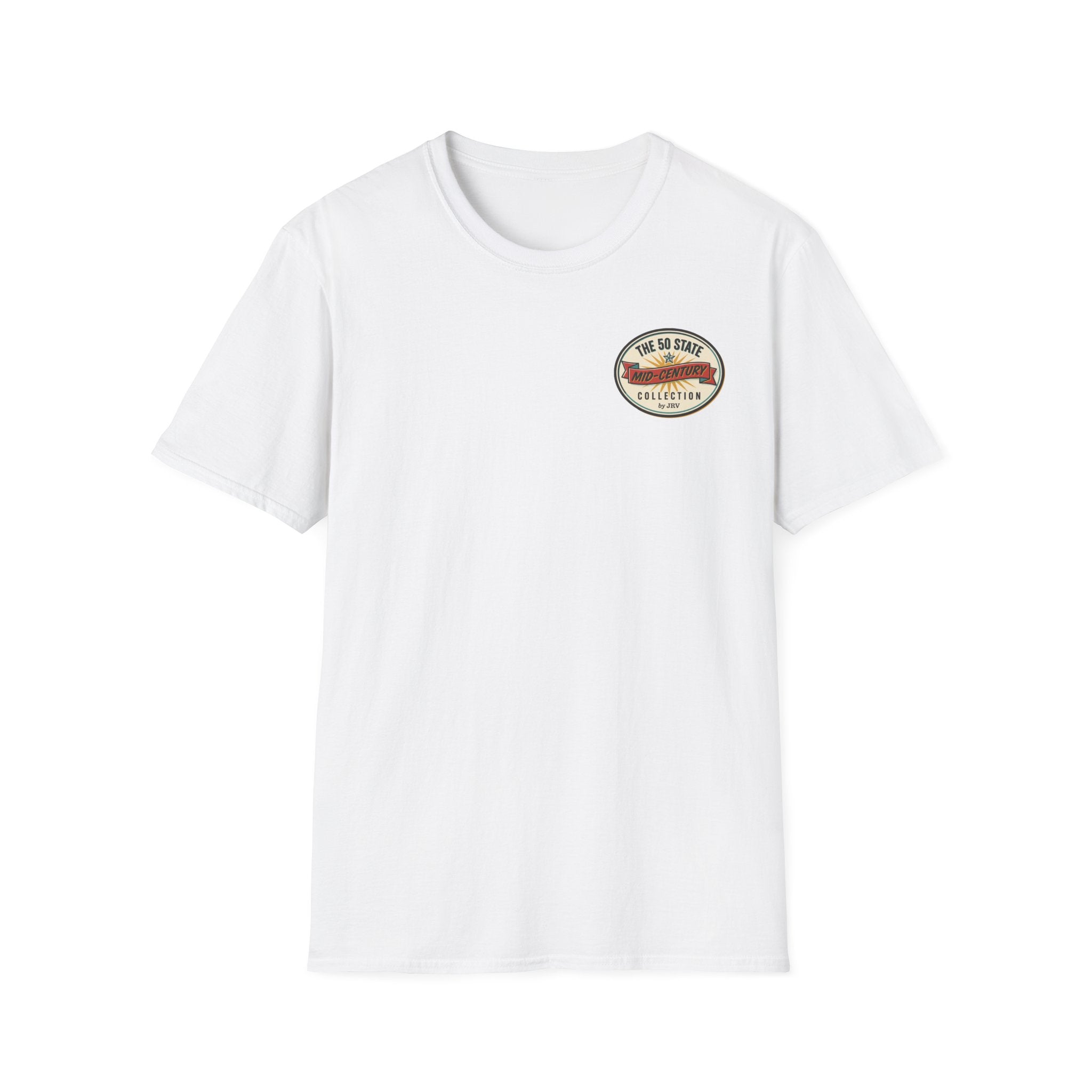 White short-sleeve t-shirt with vintage round chest logo graphic